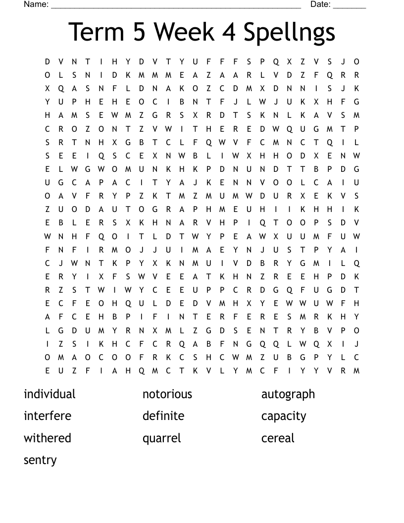 Term 5 Week 4 Spellngs Word Search