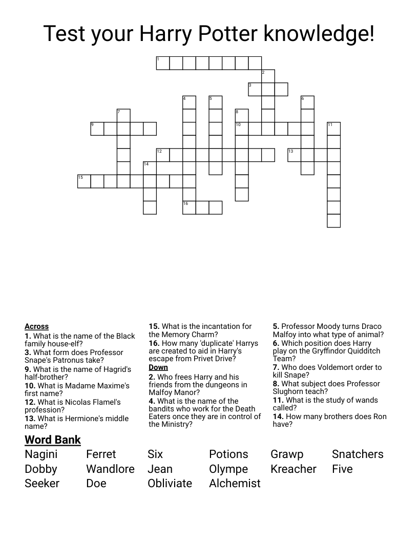 Test your Harry Potter knowledge! Crossword