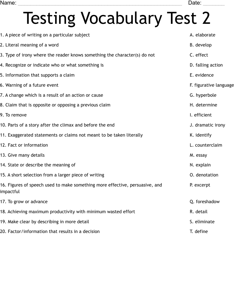 Testing Vocabulary Test 2 Worksheet