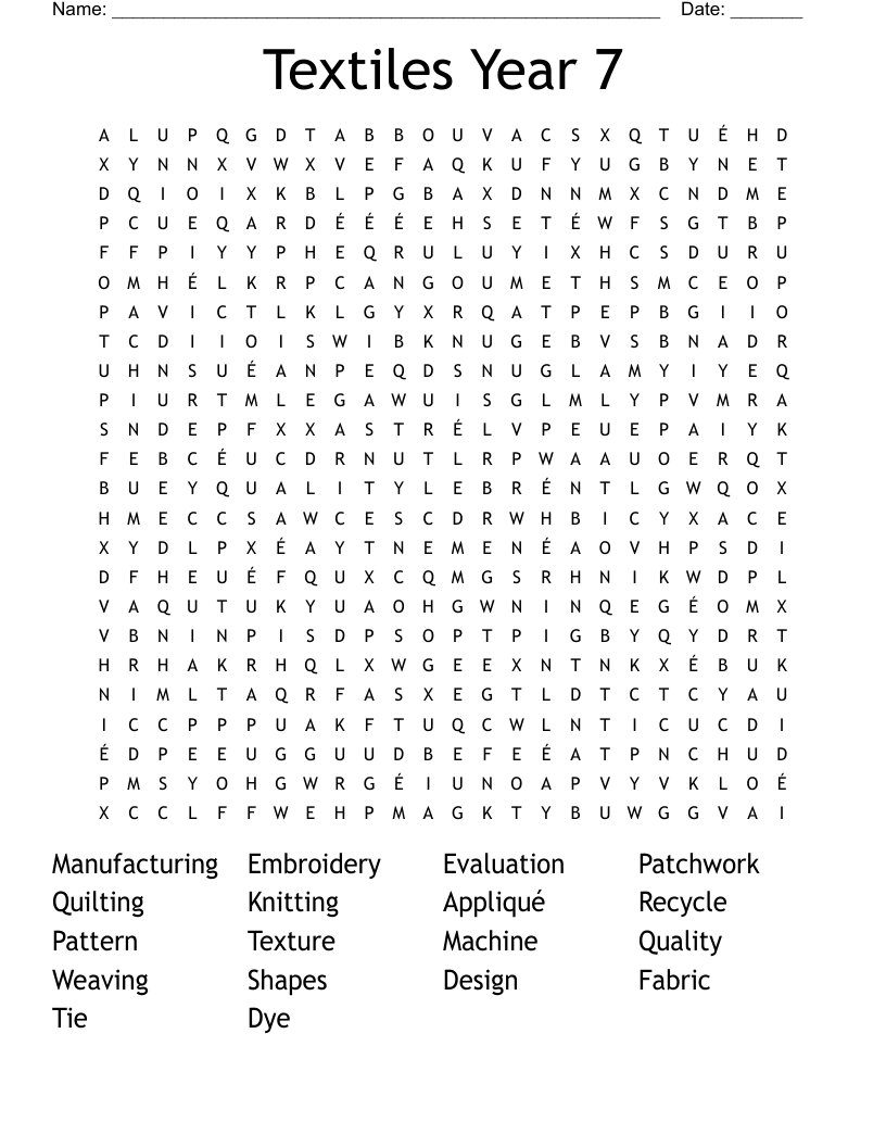 Textiles Year 7 Word Search WordMint