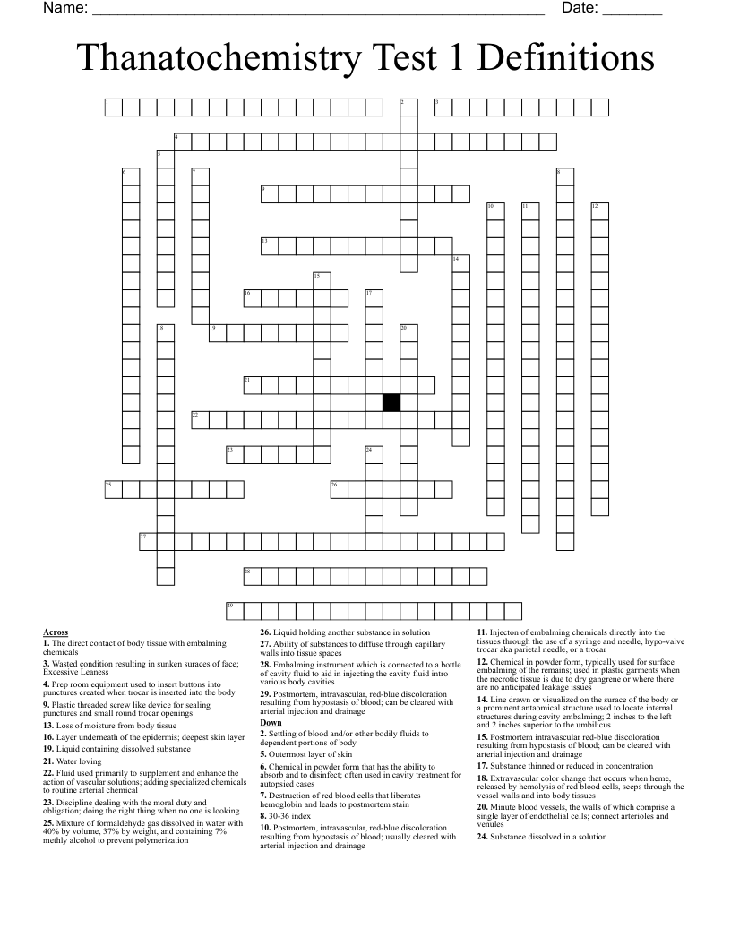 Thanatochemistry Test 1 Definitions Crossword