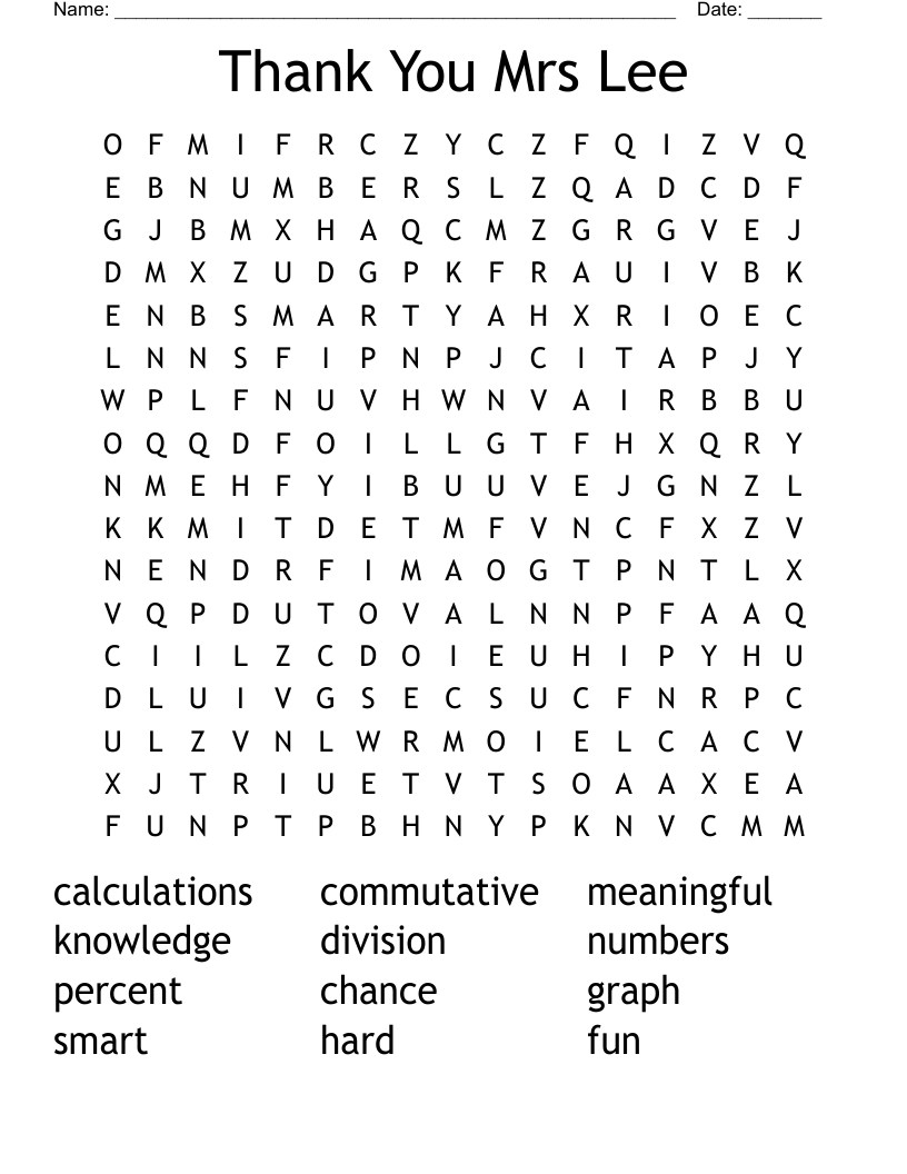 Thank You Mrs Lee Word Search - WordMint