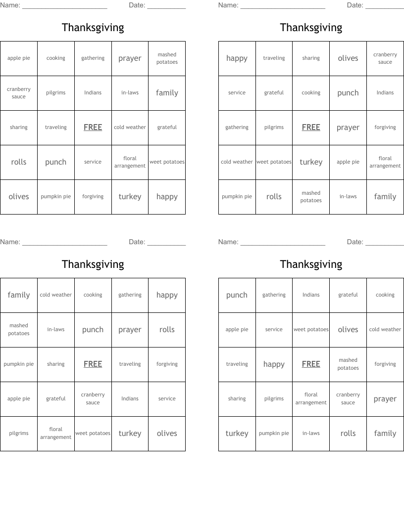 Thanksgiving Bingo Cards