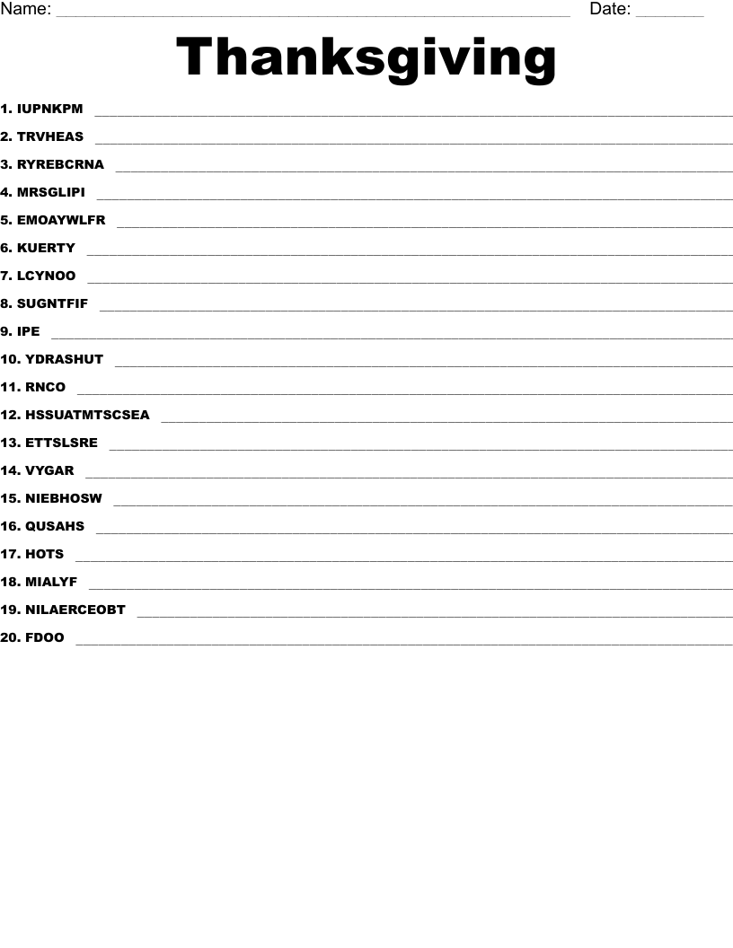 Thanksgiving Word Scramble