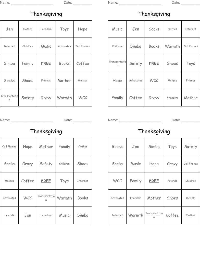 Thanksgiving Bingo Cards