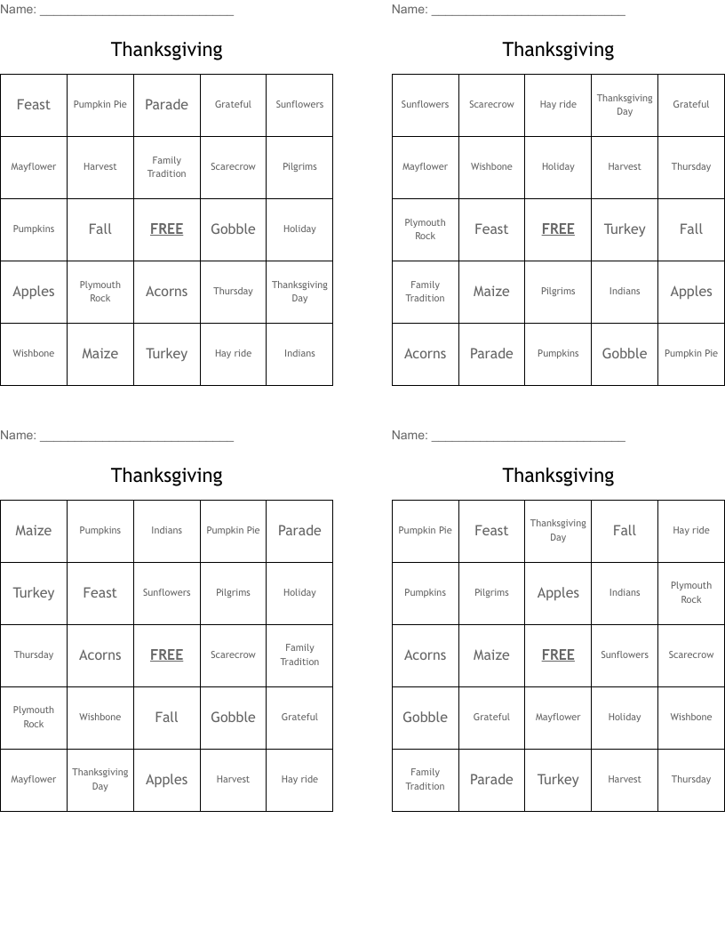 Thanksgiving Bingo Cards