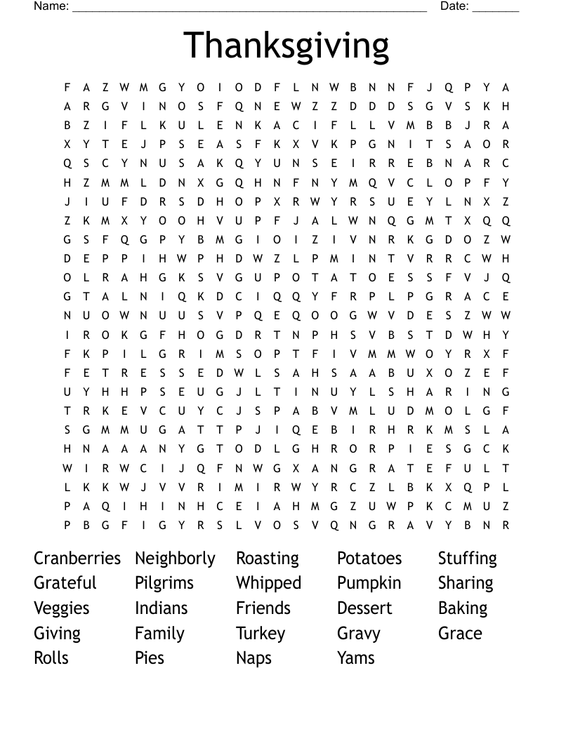 Thanksgiving Word Search WordMint