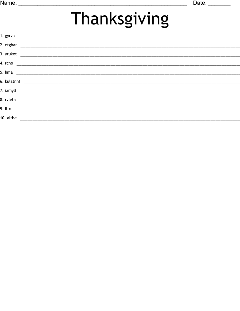 Thanksgiving Word Scramble
