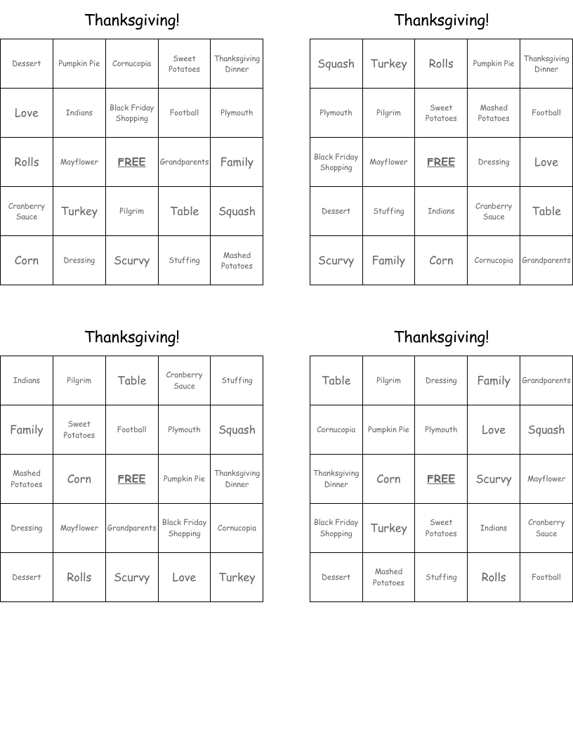 Thanksgiving! Bingo Cards