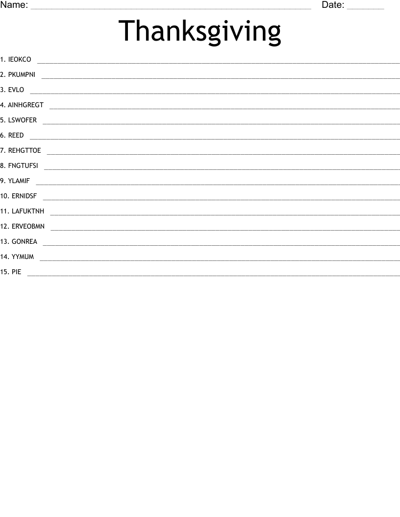 Thanksgiving Word Scramble