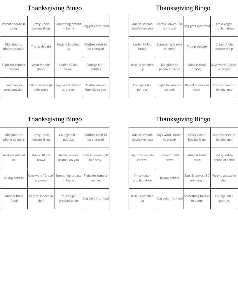Thanksgiving Bingo