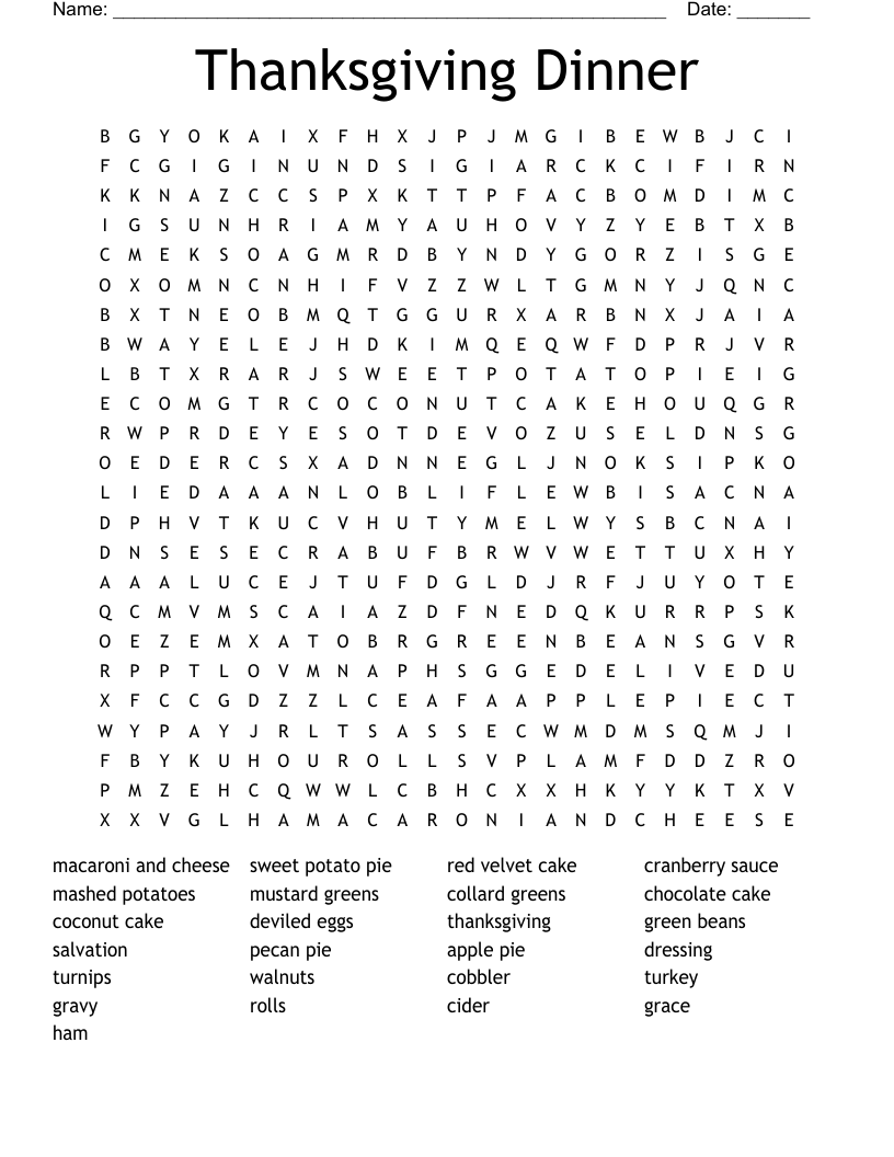 Thanksgiving Dinner Word Search WordMint