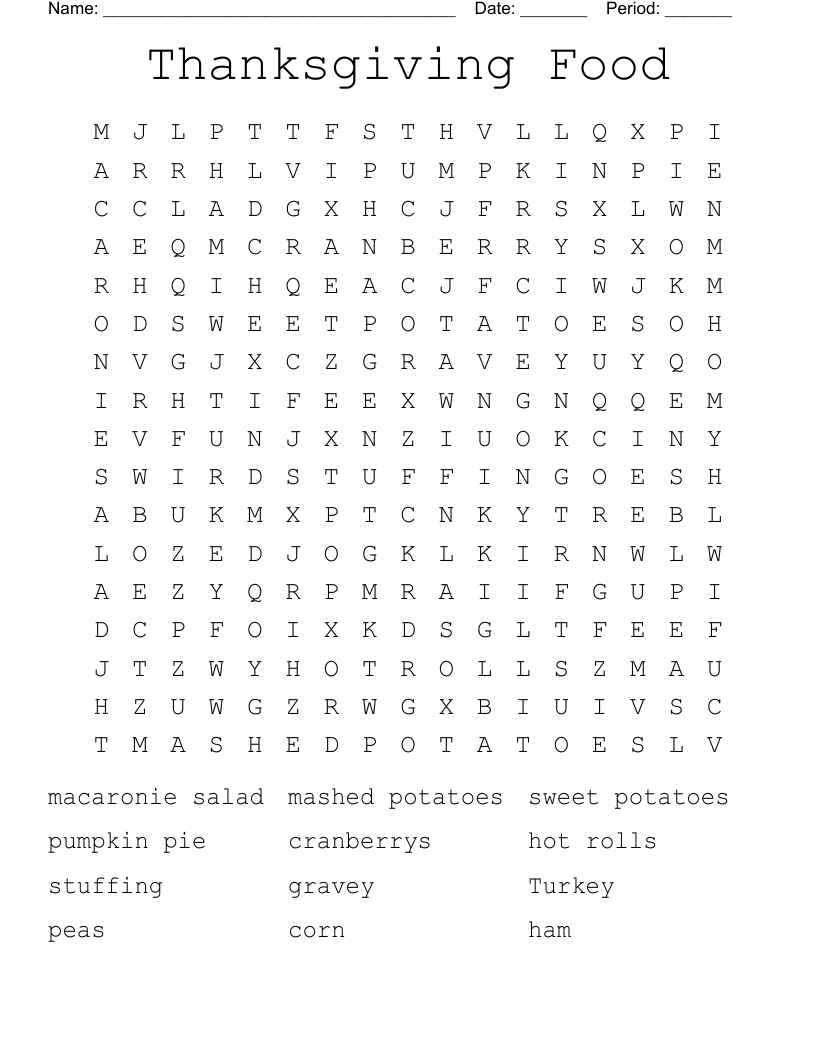 Thanksgiving Food Word Search WordMint