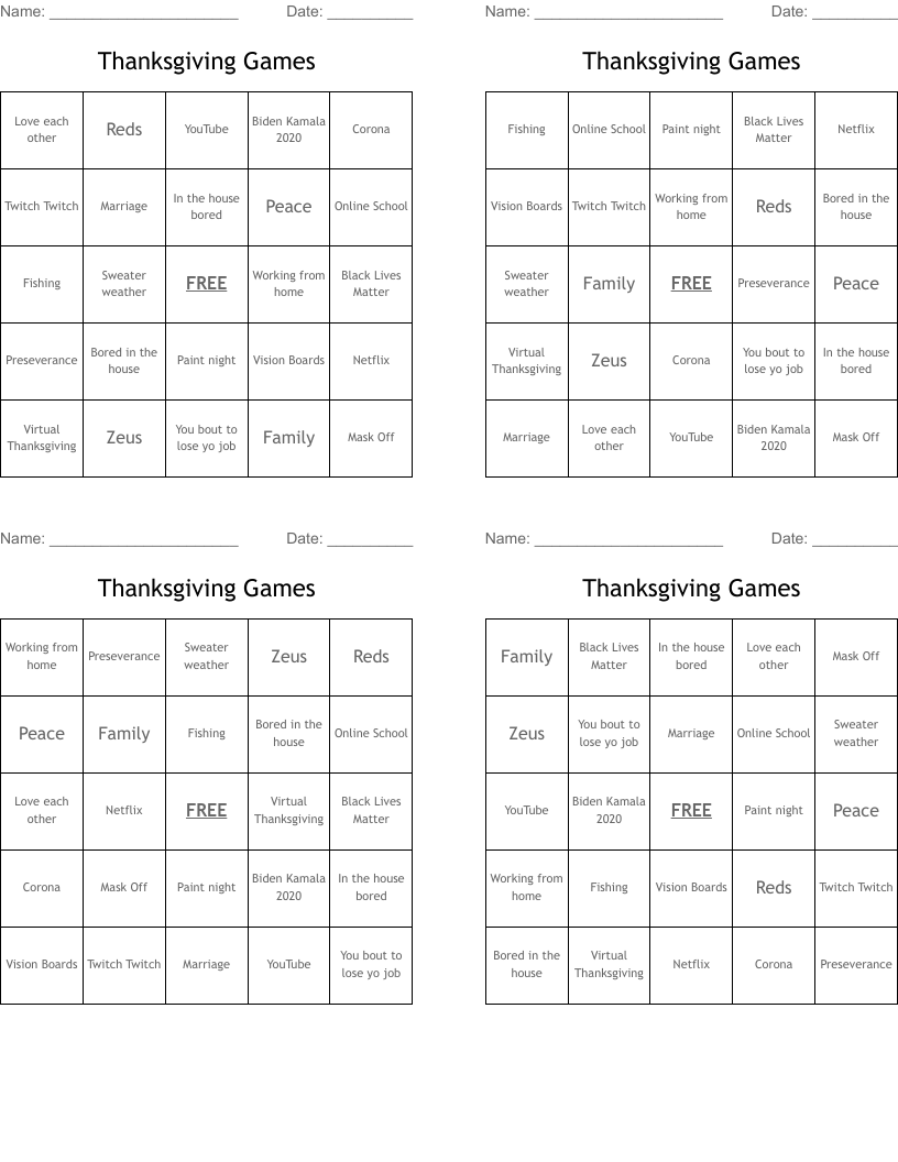 Thanksgiving Games Bingo Cards
