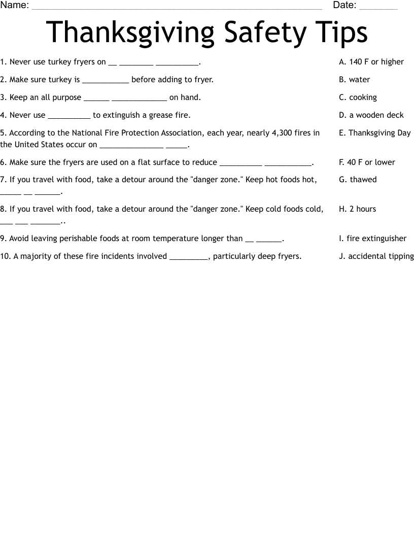 Thanksgiving Safety Tips Worksheet