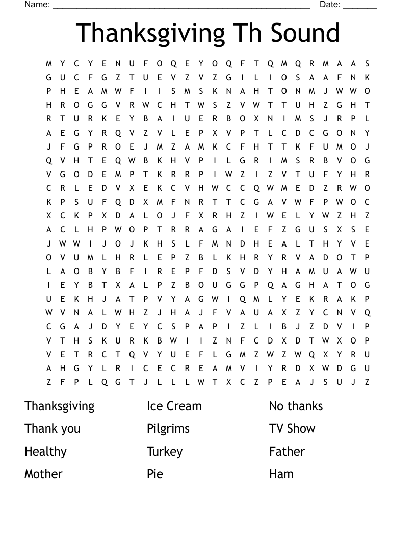 Thanksgiving Th Sound Word Search