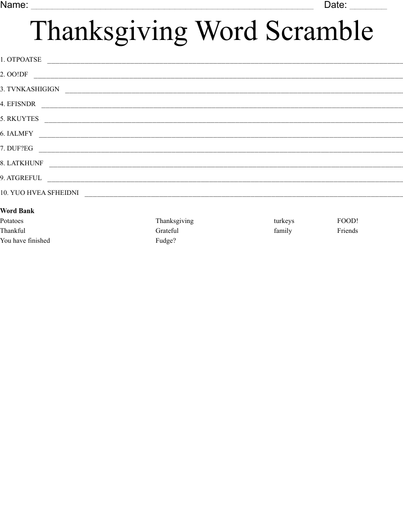 Thanksgiving Word Scramble