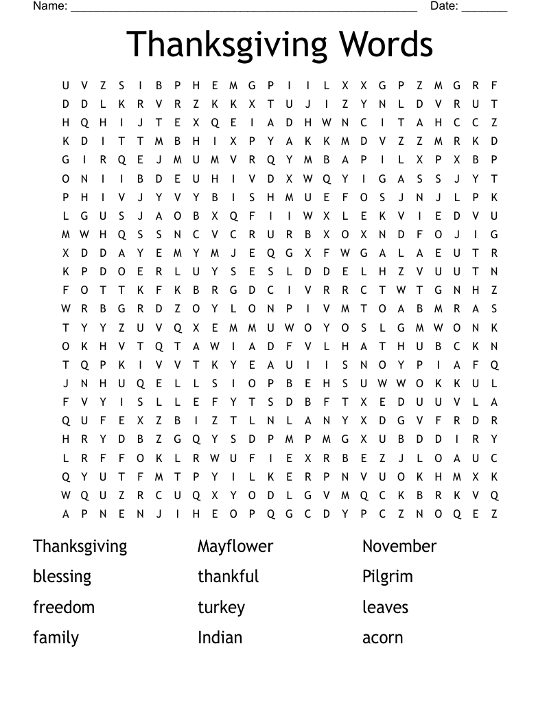 Thanksgiving Words Word Search