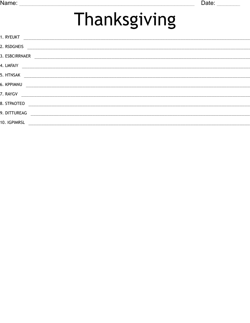 Thanksgiving  Word Scramble