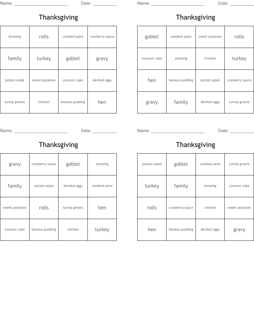 Thanksgiving  Bingo Cards