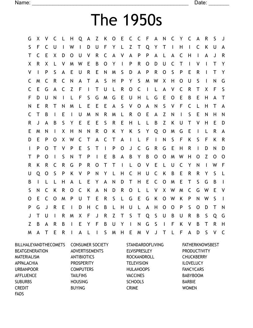 The 1950s Word Search