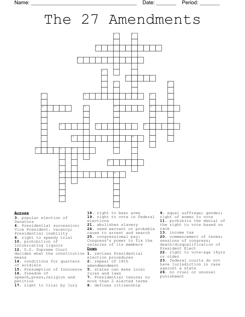 27 Amendments Crossword WordMint