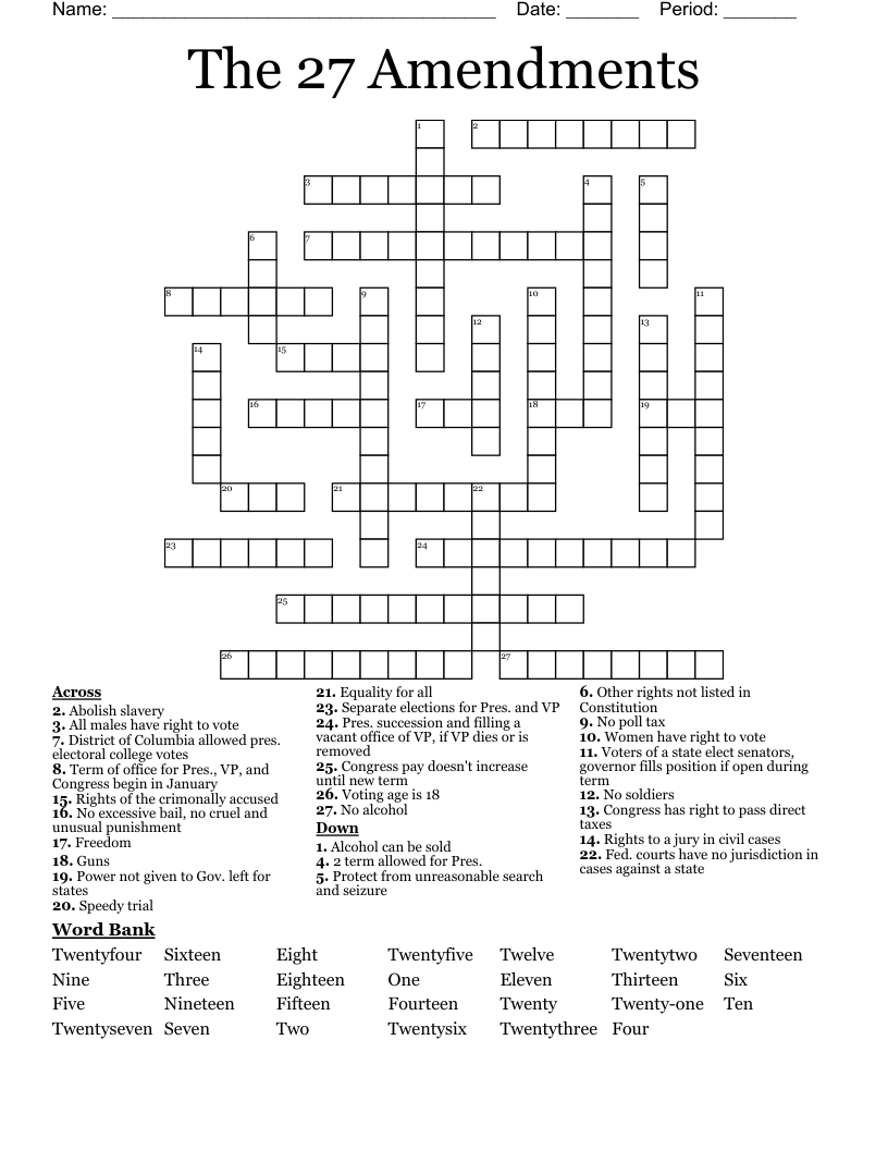 27 Amendments Crossword WordMint