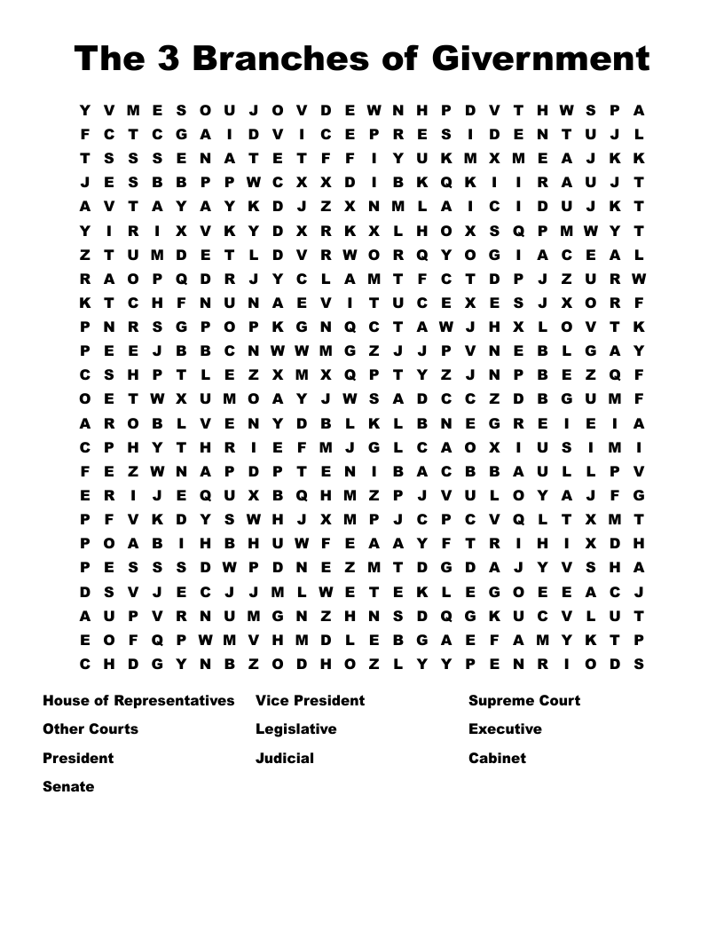 The 3 Branches of Givernment Word Search