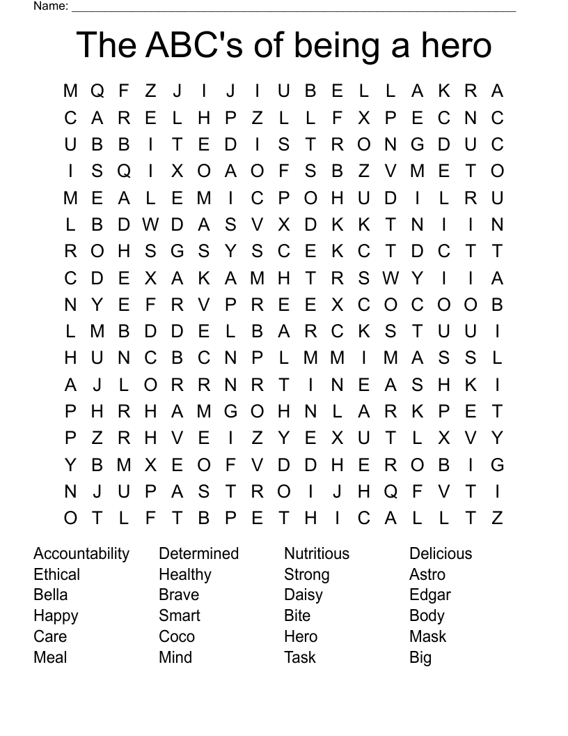 The ABC's of being a hero Word Search