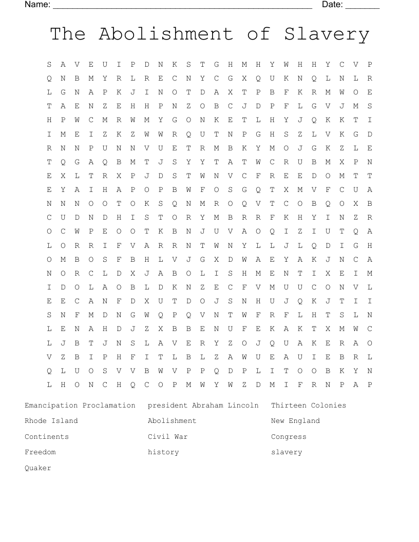 The Abolishment of Slavery  Word Search