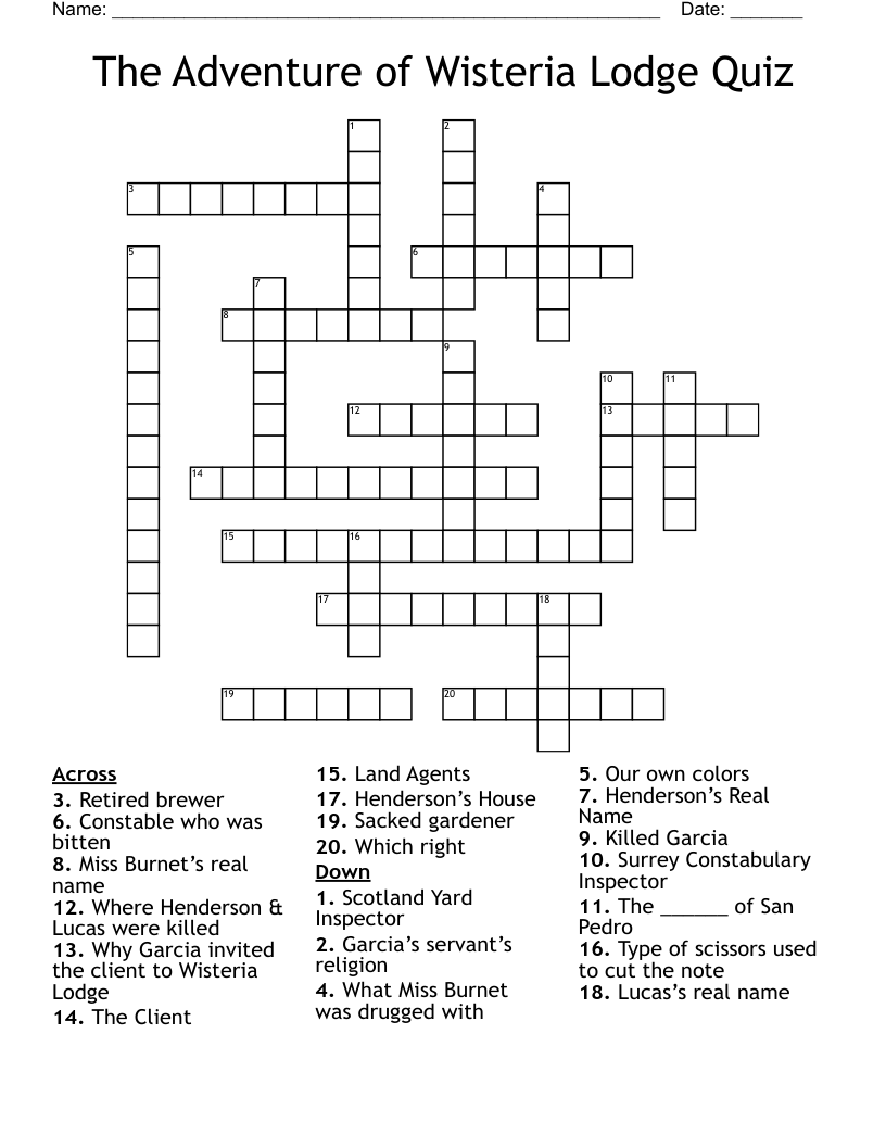 The Adventure of Wisteria Lodge Quiz Crossword