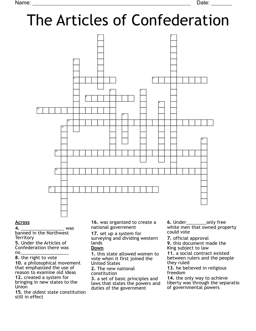 The Articles of Confederation Crossword