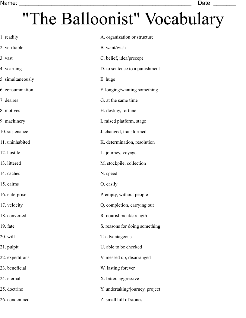 "The Balloonist" Vocabulary Worksheet