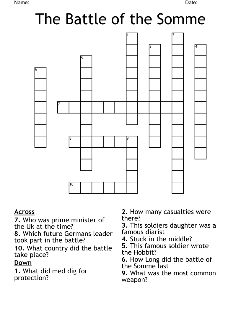 The Battle of the Somme  Crossword