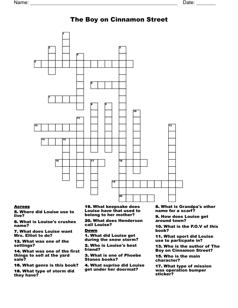 The Boy on Cinnamon Street                                             Crossword
