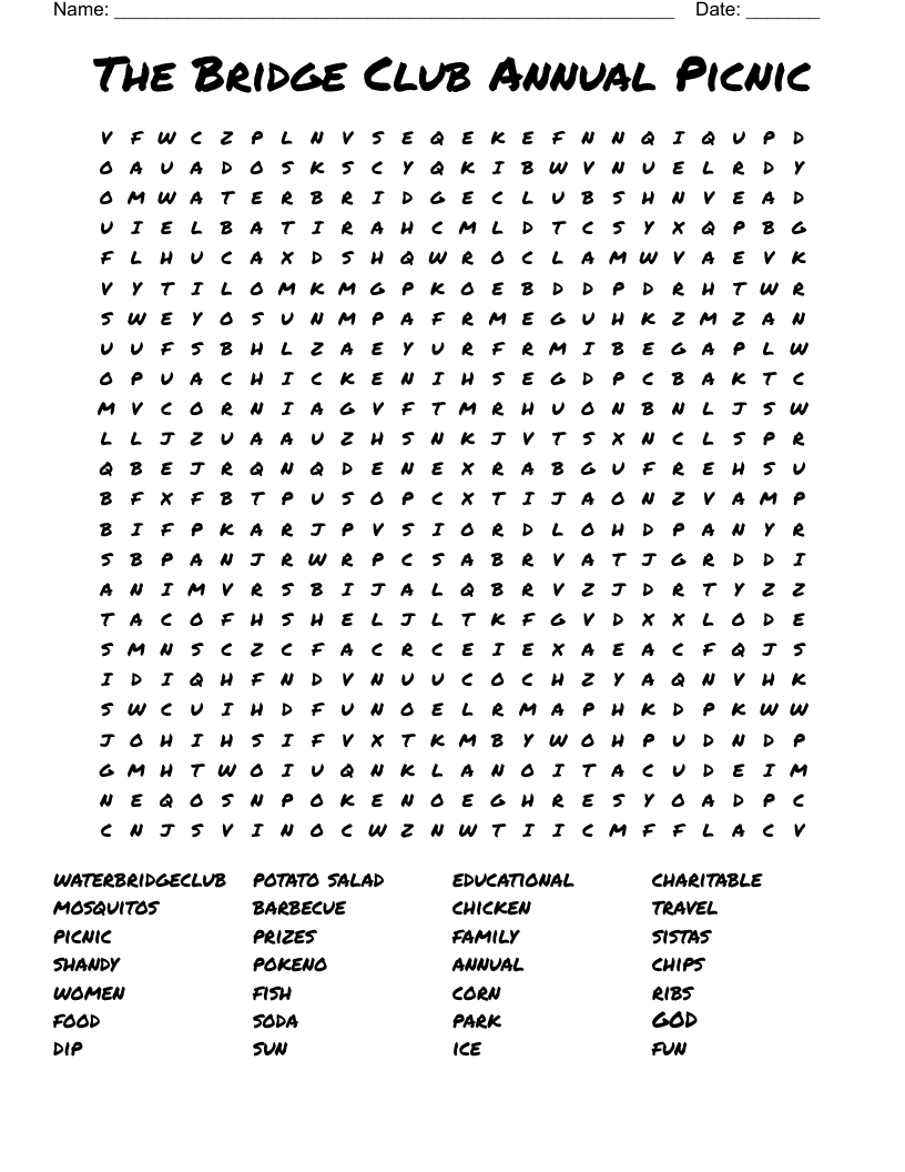 The Bridge Club Annual Picnic Word Search