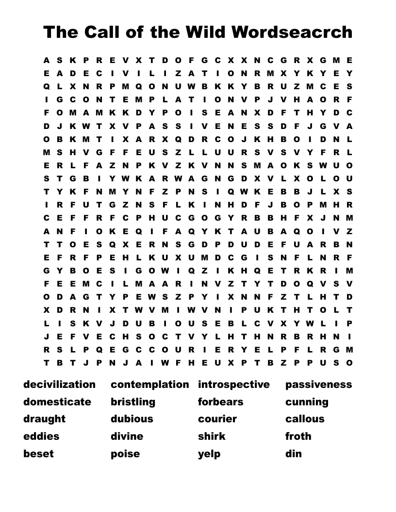 The Call of the Wild Wordseacrch  Word Search