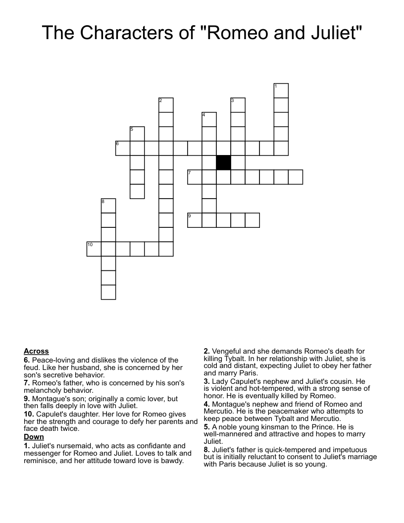 The Characters of "Romeo and Juliet" Crossword