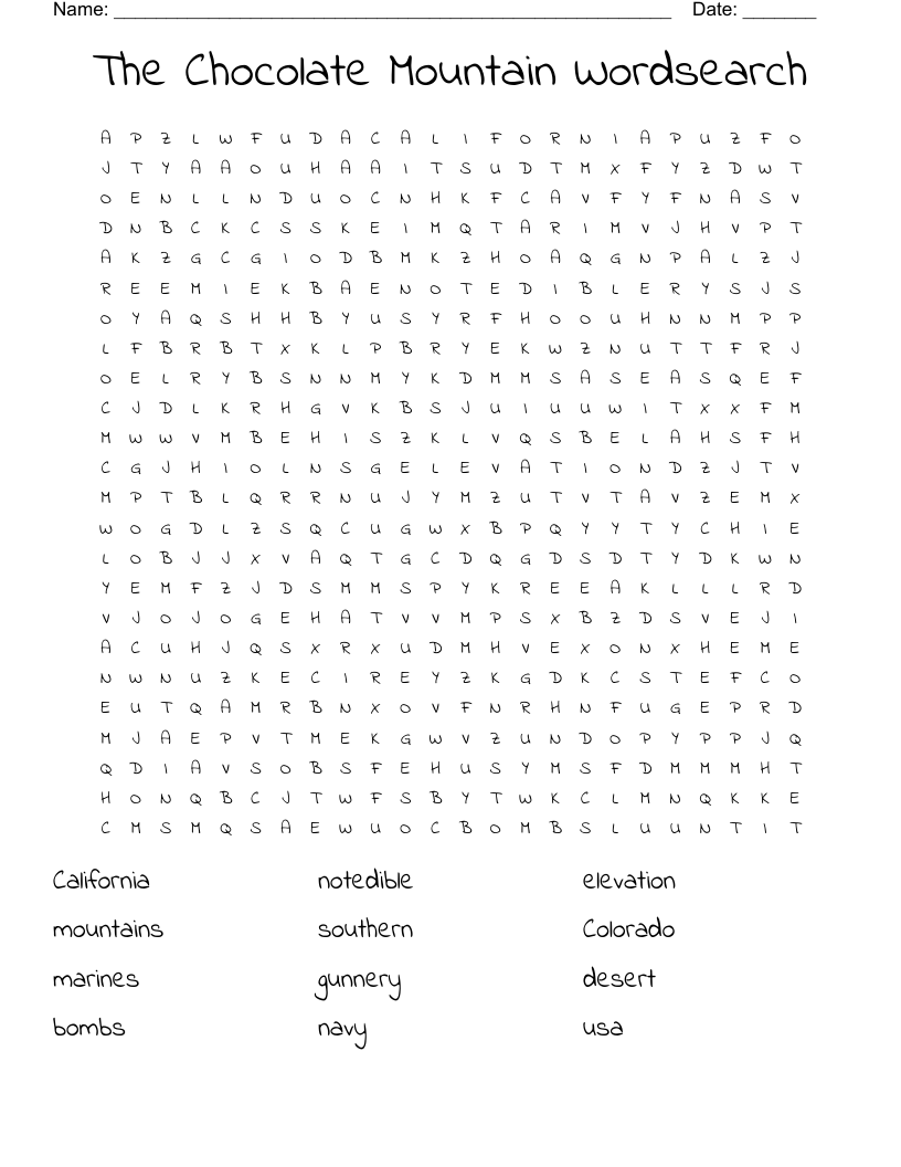 The Chocolate Mountain Wordsearch