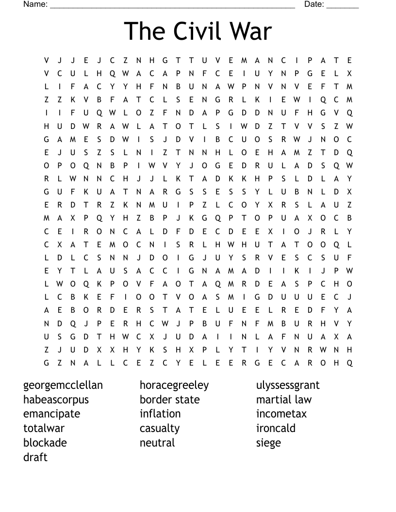 The Civil War Word Search WordMint