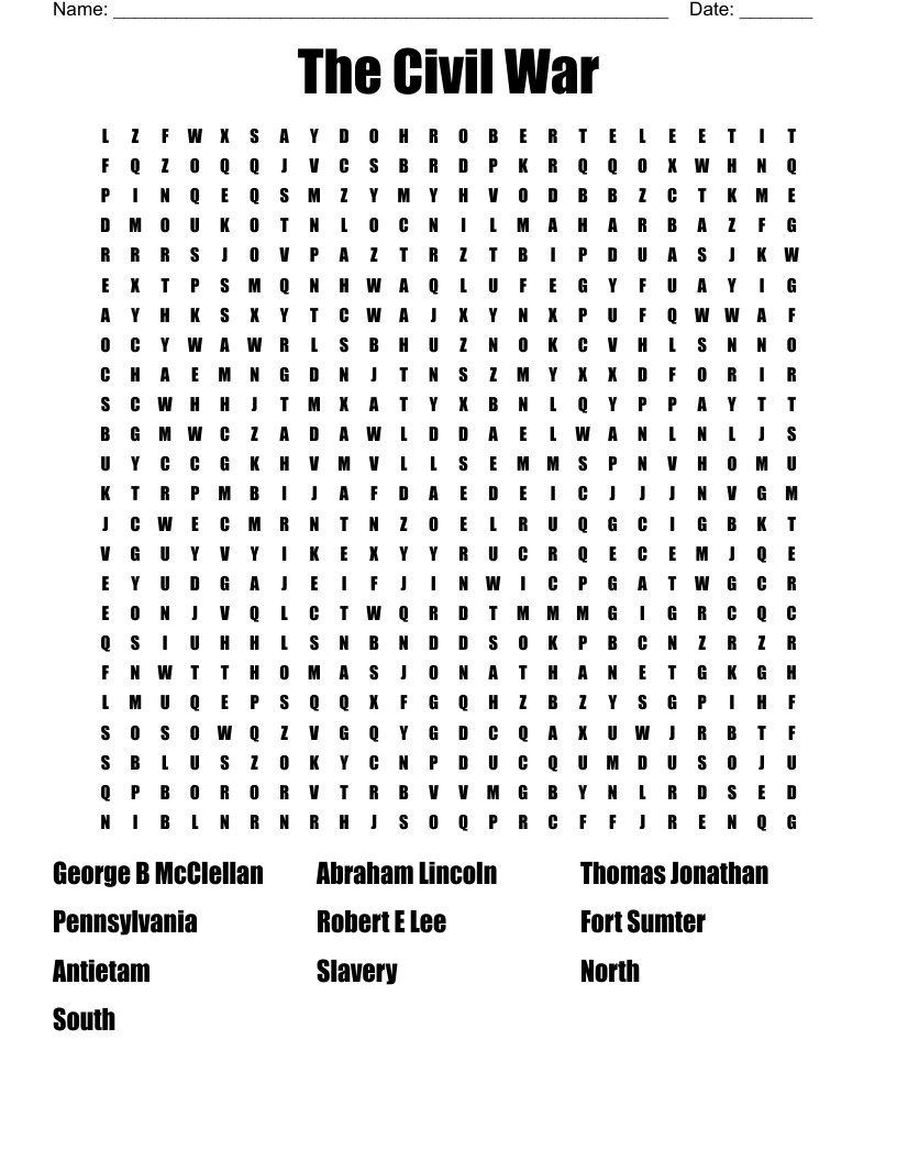 The Civil War Word Search WordMint