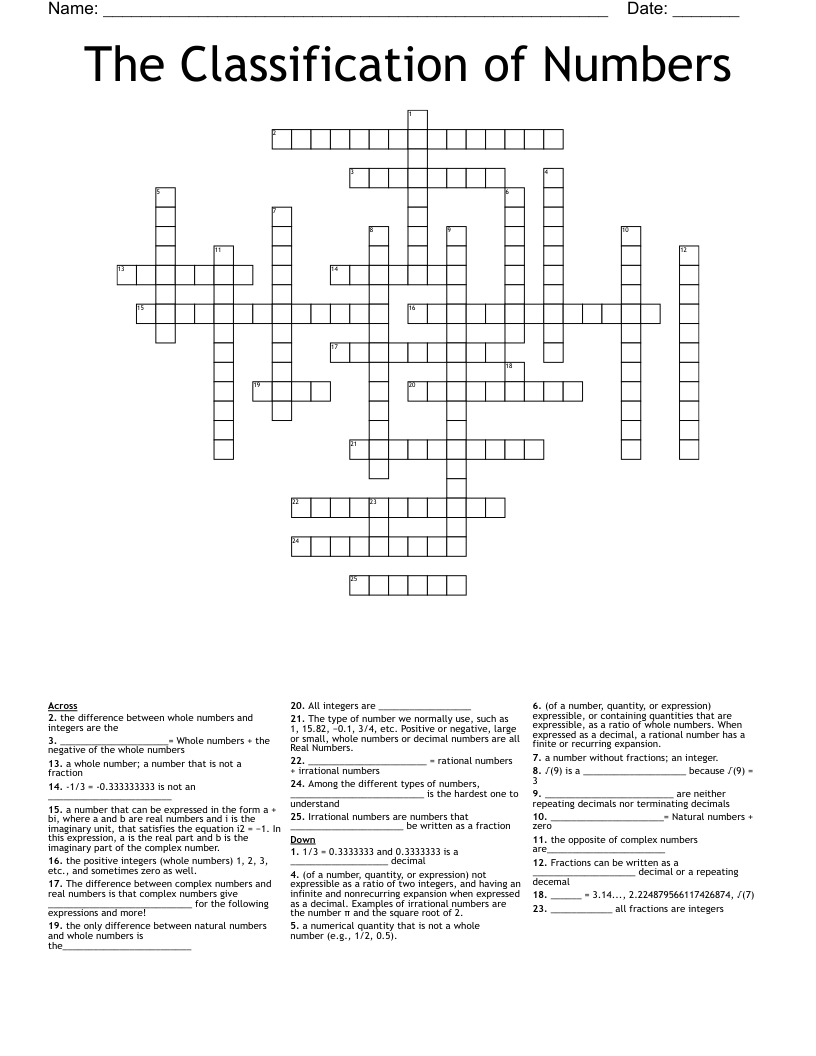 Classifying Real Numbers Worksheet