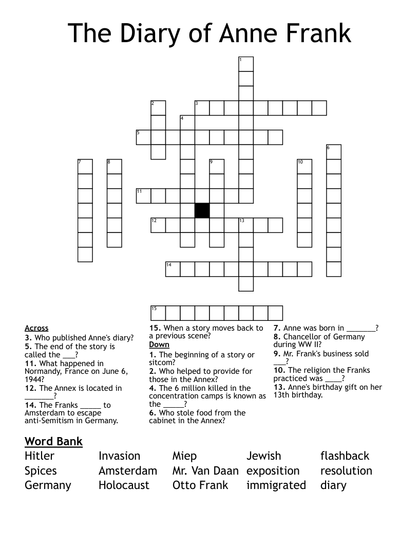 The Diary Of Anne Frank Crossword WordMint