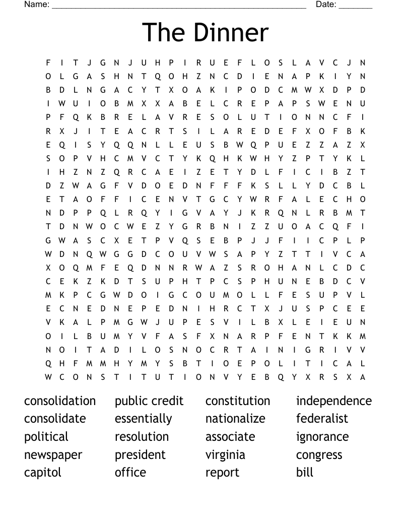 The Dinner Word Search
