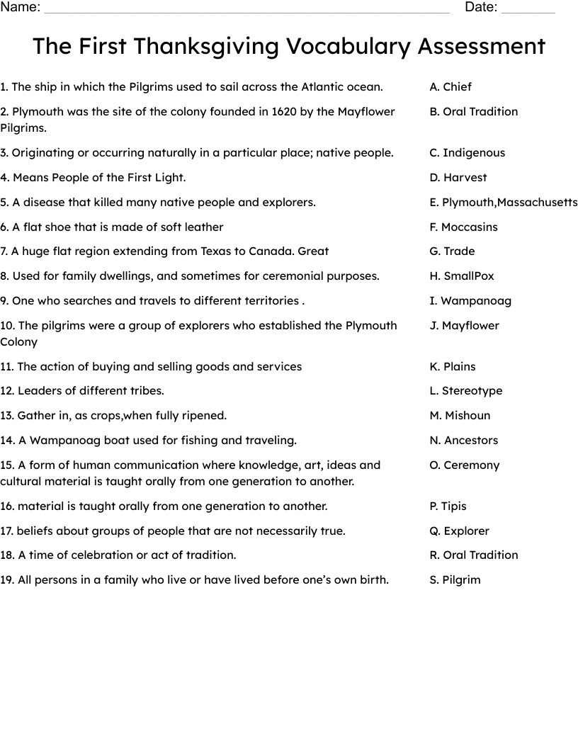 The First Thanksgiving  Vocabulary Assessment Worksheet