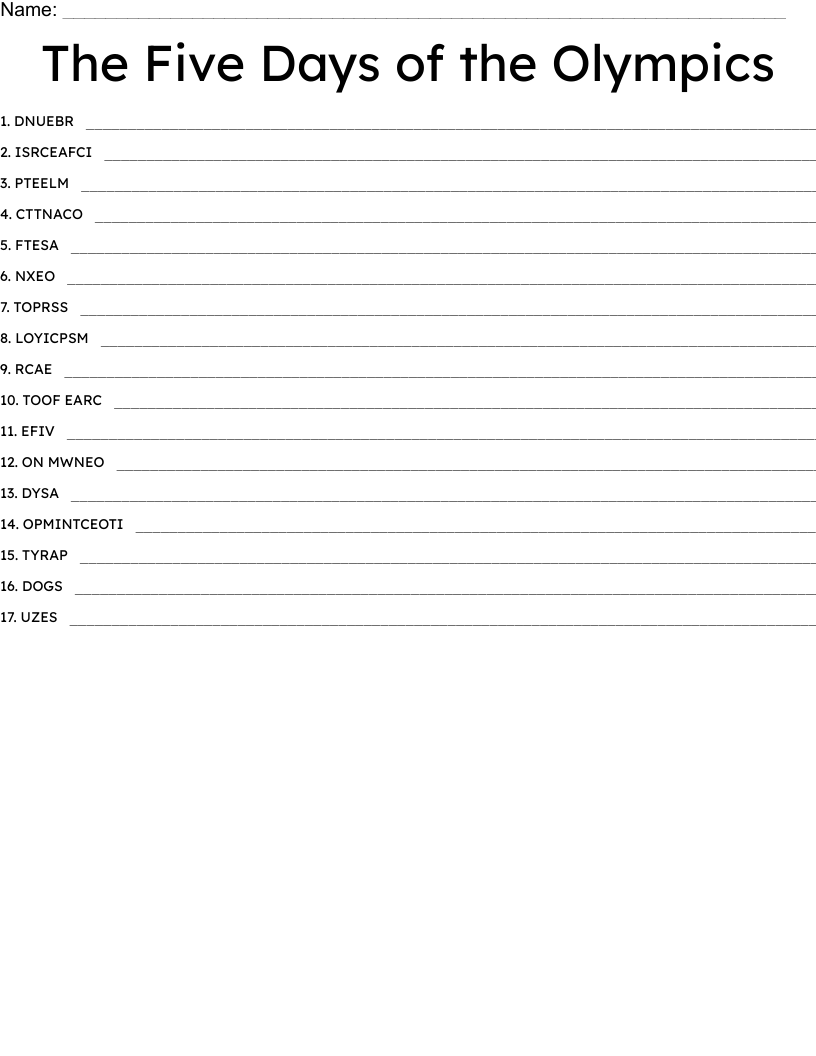The Five Days of the Olympics Word Scramble