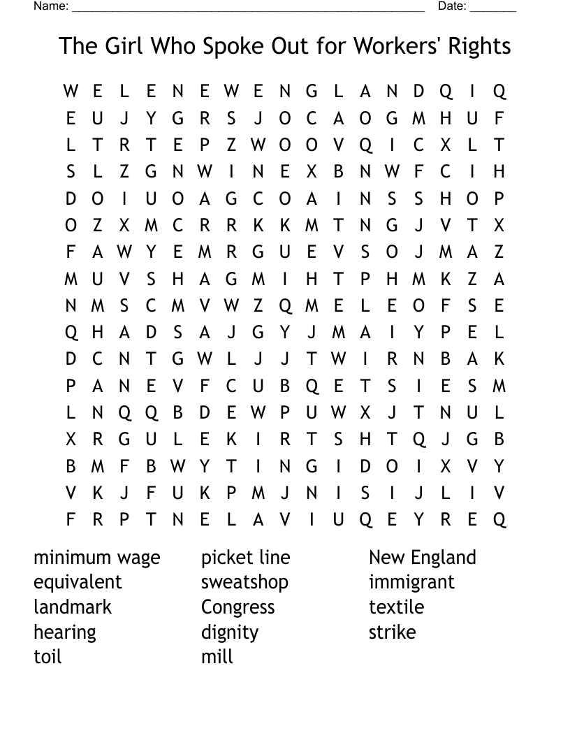 The Girl Who Spoke Out for Workers' Rights Word Search