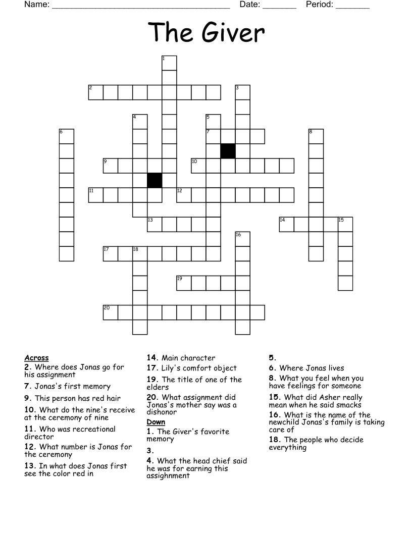 The Giver Crossword Puzzle WordMint