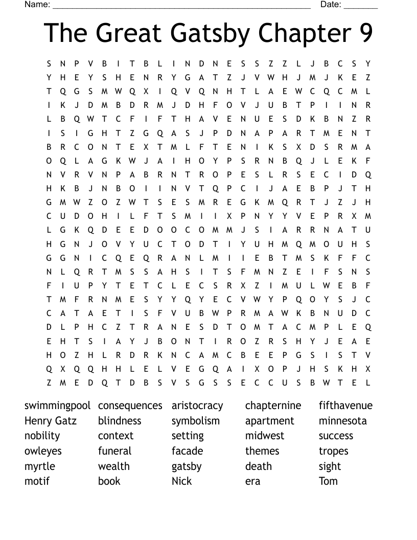 The Great Gatsby Chapter 9 Word Search