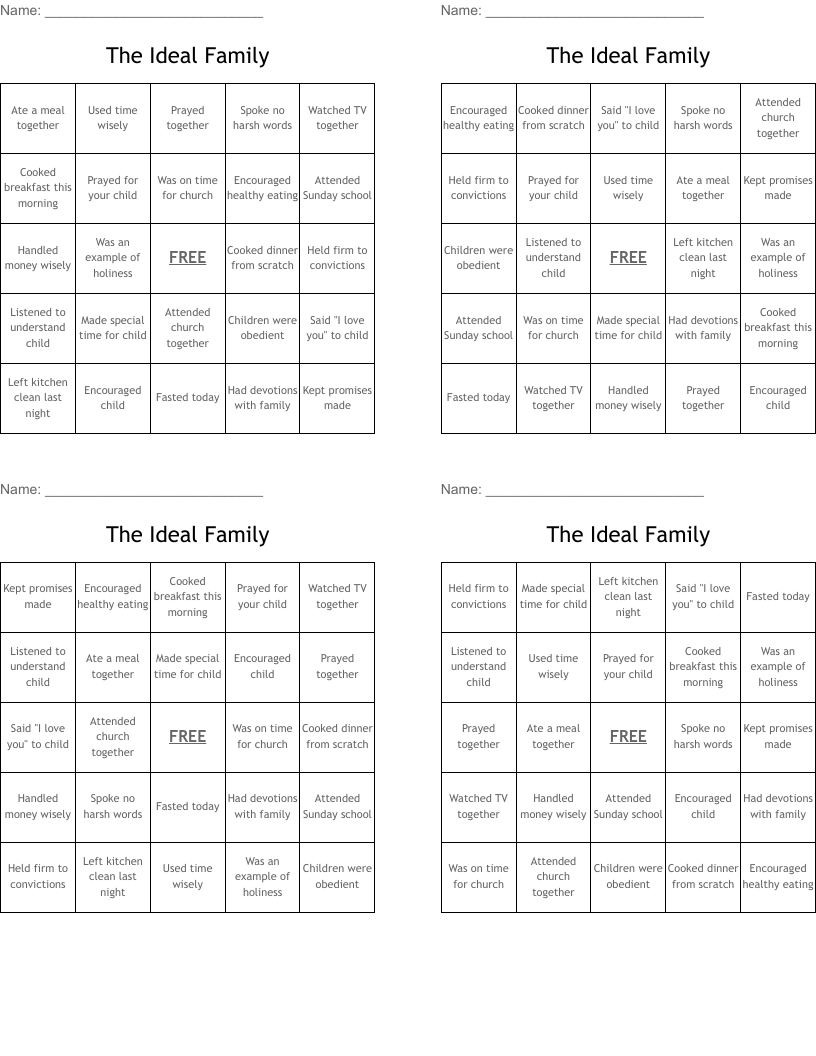 The Ideal Family Bingo Cards